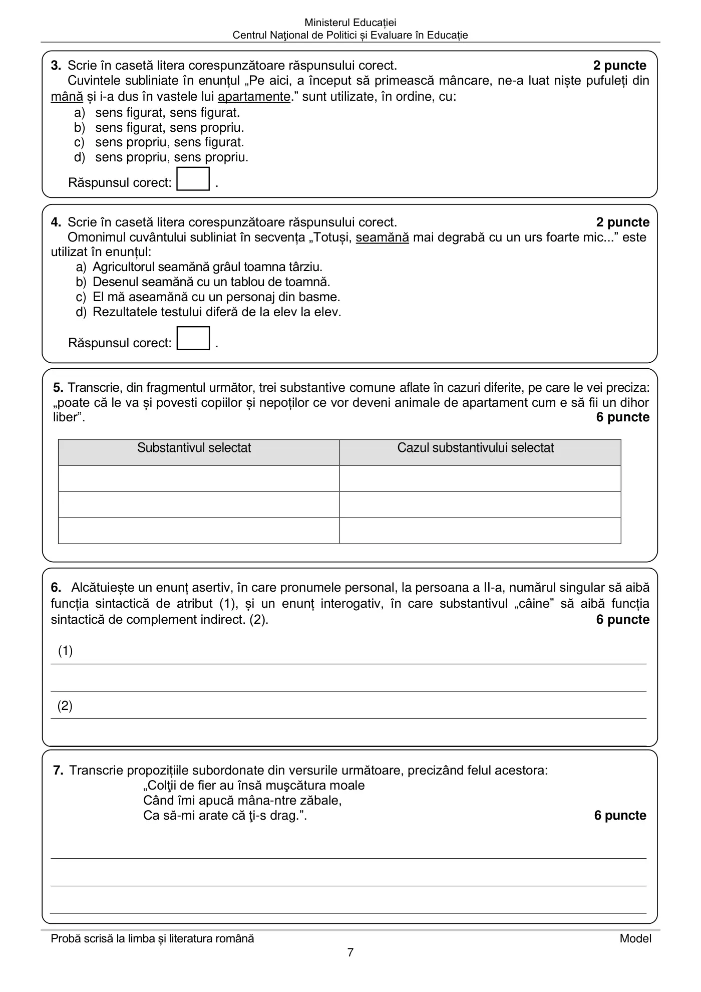 Pagina 7 din subiectul model oficial, limba și literatura română, noiembrie 2023
