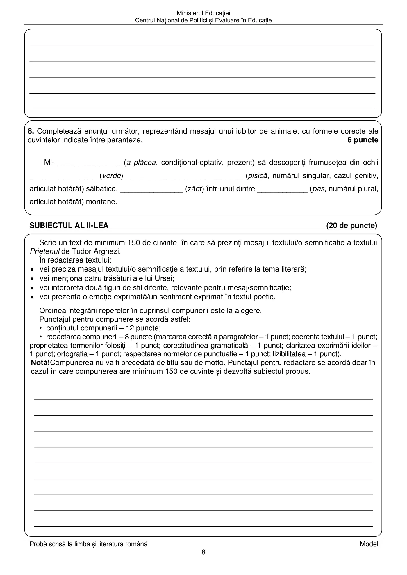 Pagina 8 din subiectul model oficial, limba și literatura română, noiembrie 2023