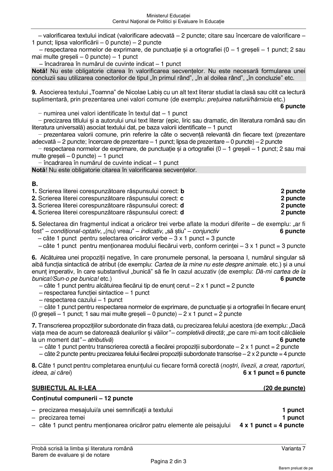 Pagina 2 din baremul pentru subiect de rezervă, limba și literatura română, 25 iunie 2024
