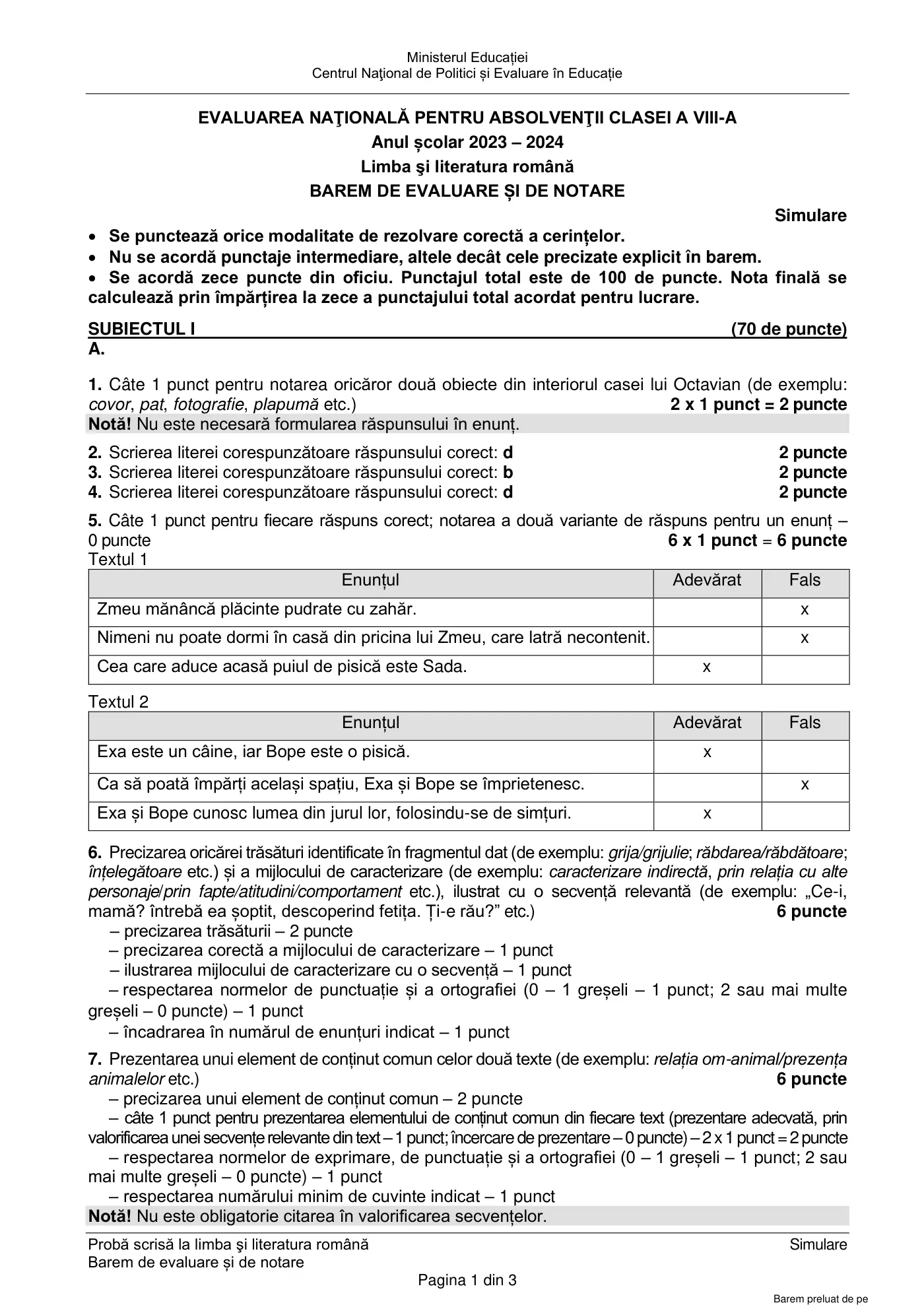 Pagina 1 din baremul pentru simulare națională, limba și literatura română, 5 februarie 2024