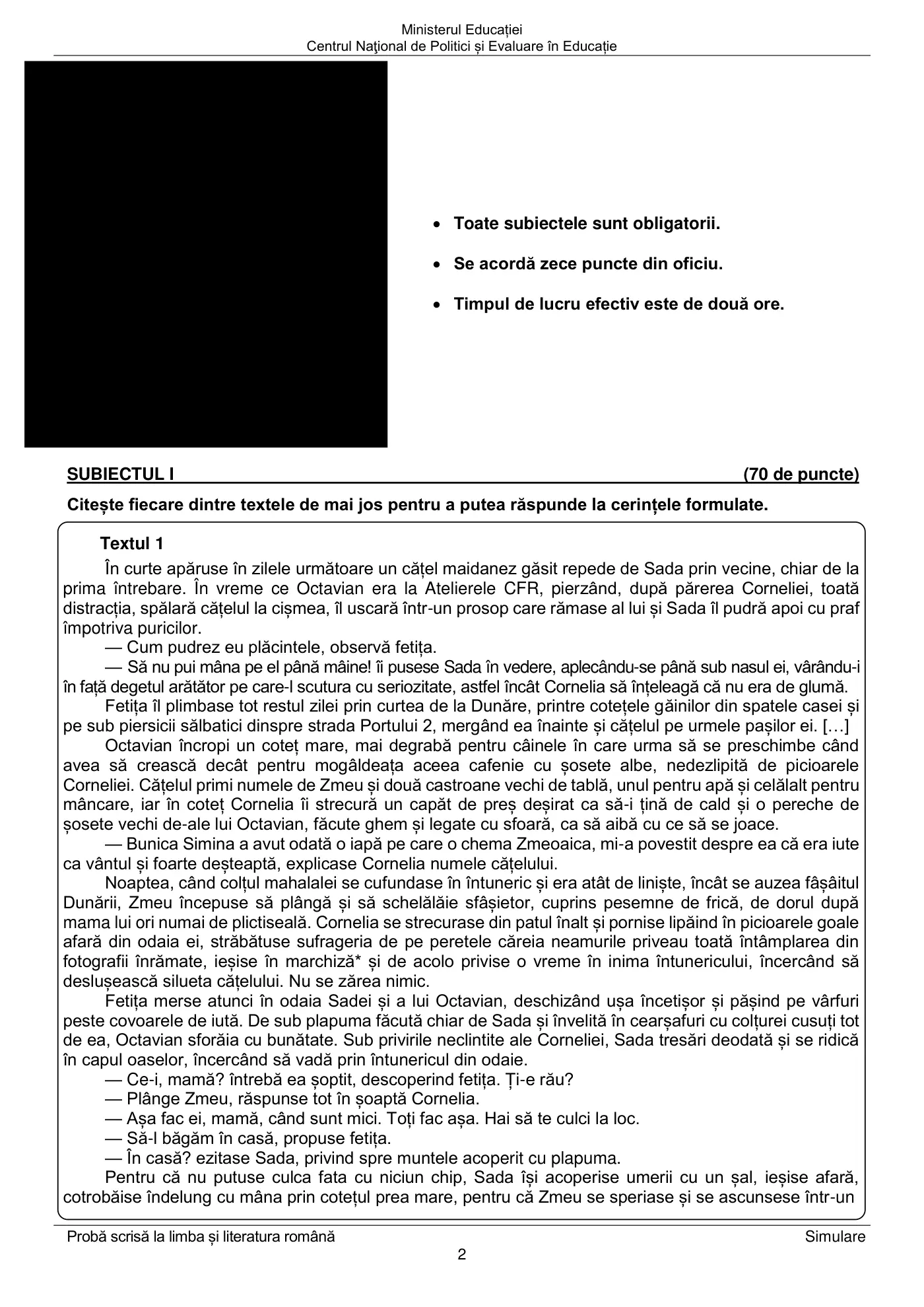 Pagina 2 din subiectul simulare națională, limba și literatura română, 5 februarie 2024