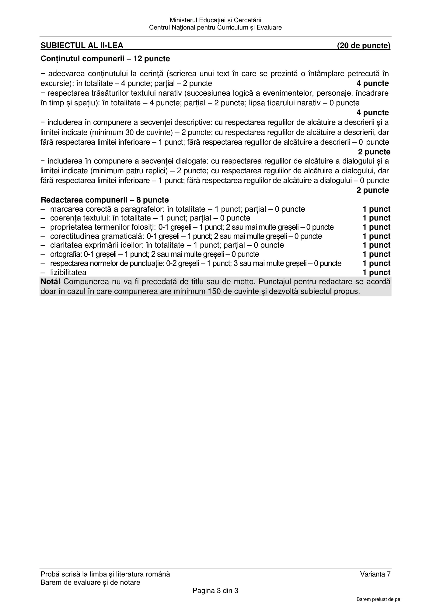 Pagina 3 din baremul pentru examen oficial (sesiunea iunie), limba și literatura română, 23 iunie 2025
