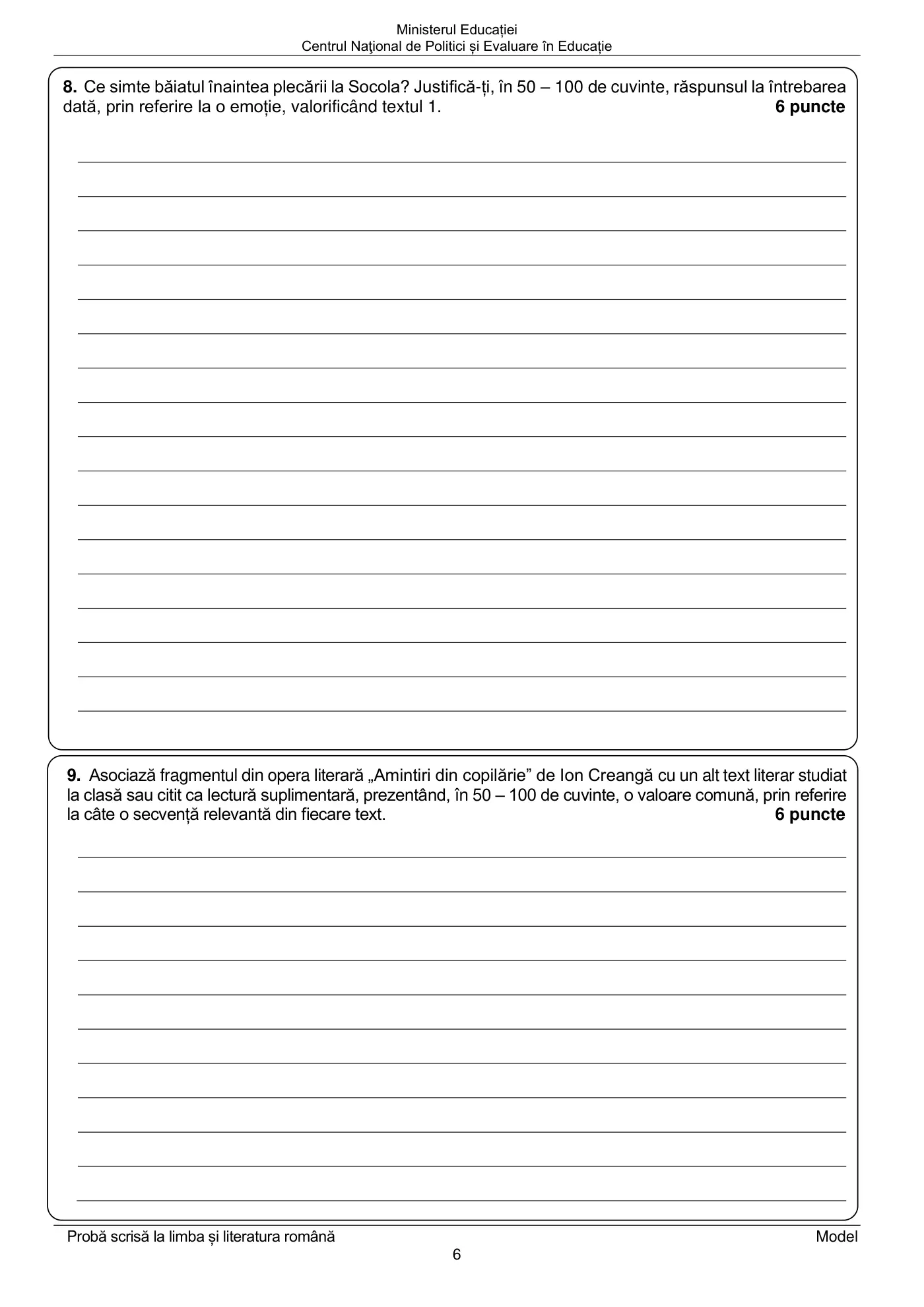 Pagina 6 din subiectul model oficial, limba și literatura română, noiembrie 2024
