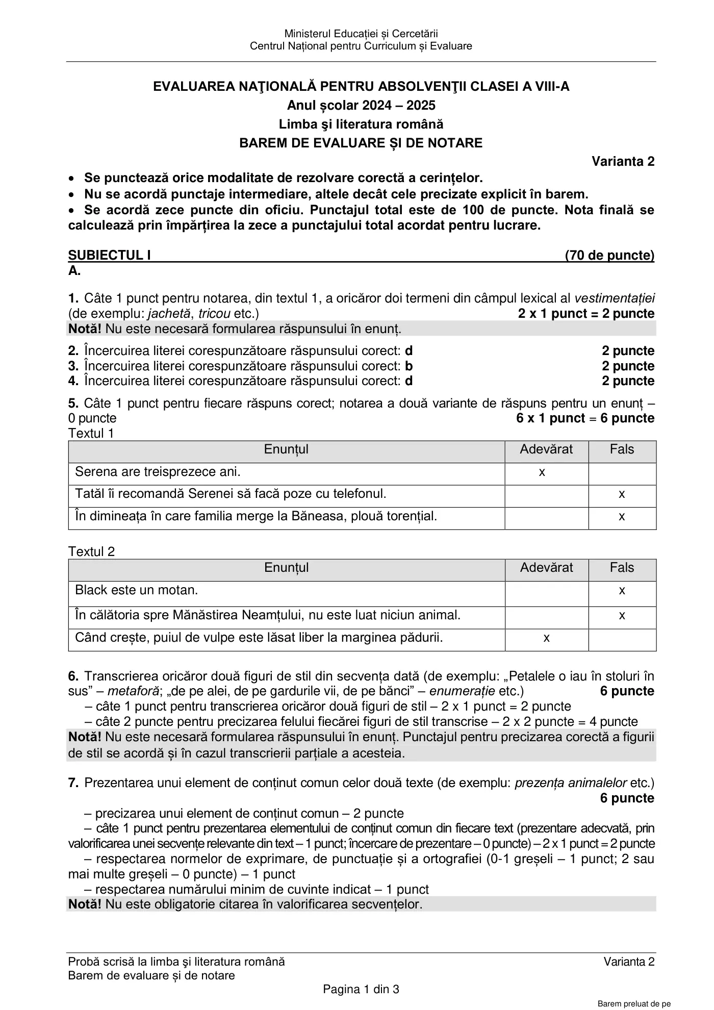 Pagina 1 din baremul pentru subiect de rezervă, limba și literatura română, 23 iunie 2025