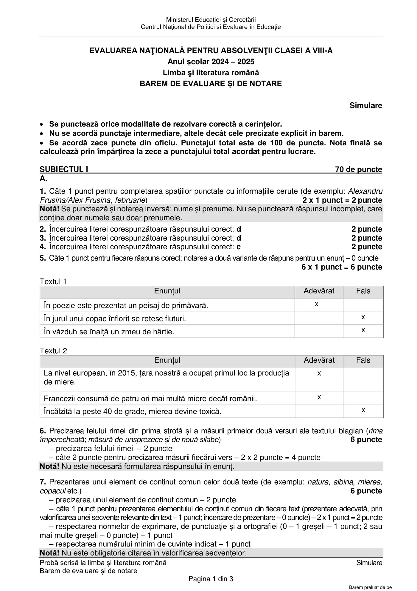 Pagina 1 din baremul pentru simulare națională, limba și literatura română, 17 martie 2025