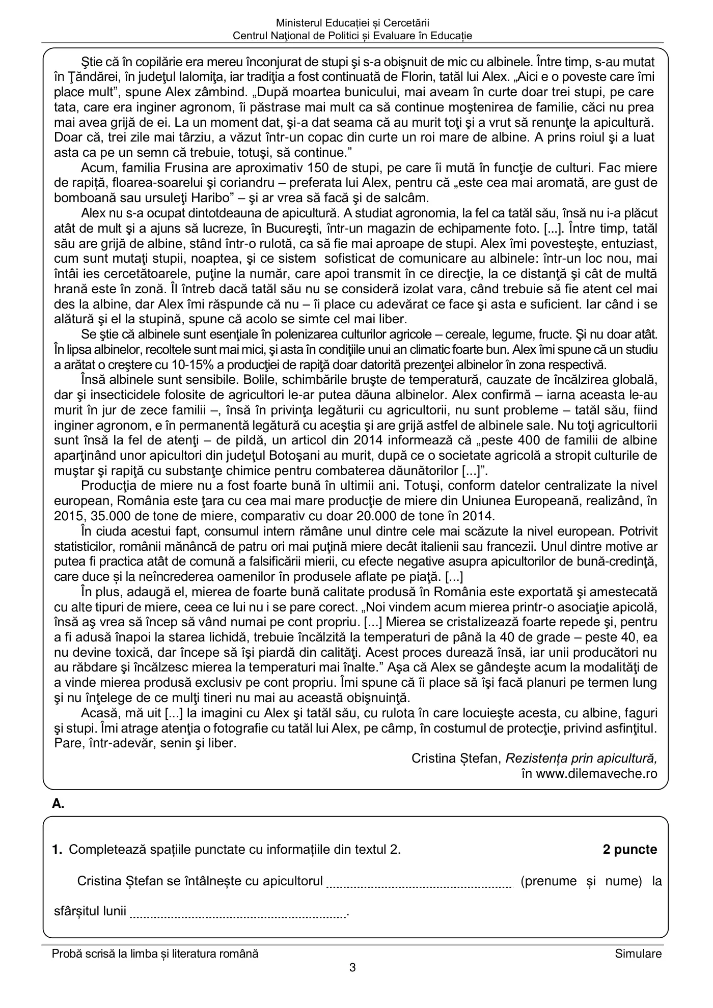 Pagina 3 din subiectul simulare națională, limba și literatura română, 17 martie 2025