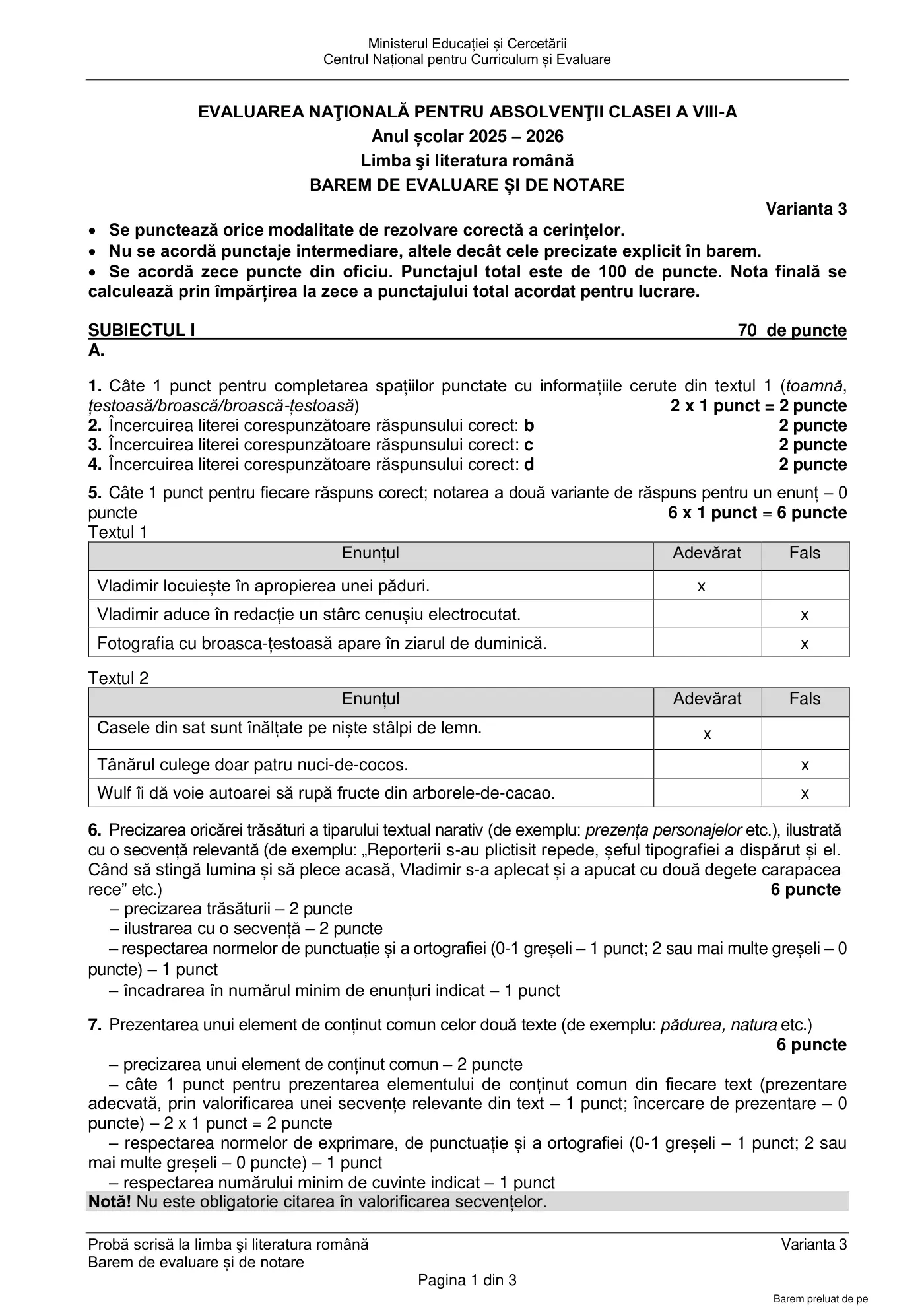 Pagina 1 din baremul pentru examen oficial (sesiunea iunie), limba și literatura română, 22 iunie 2026