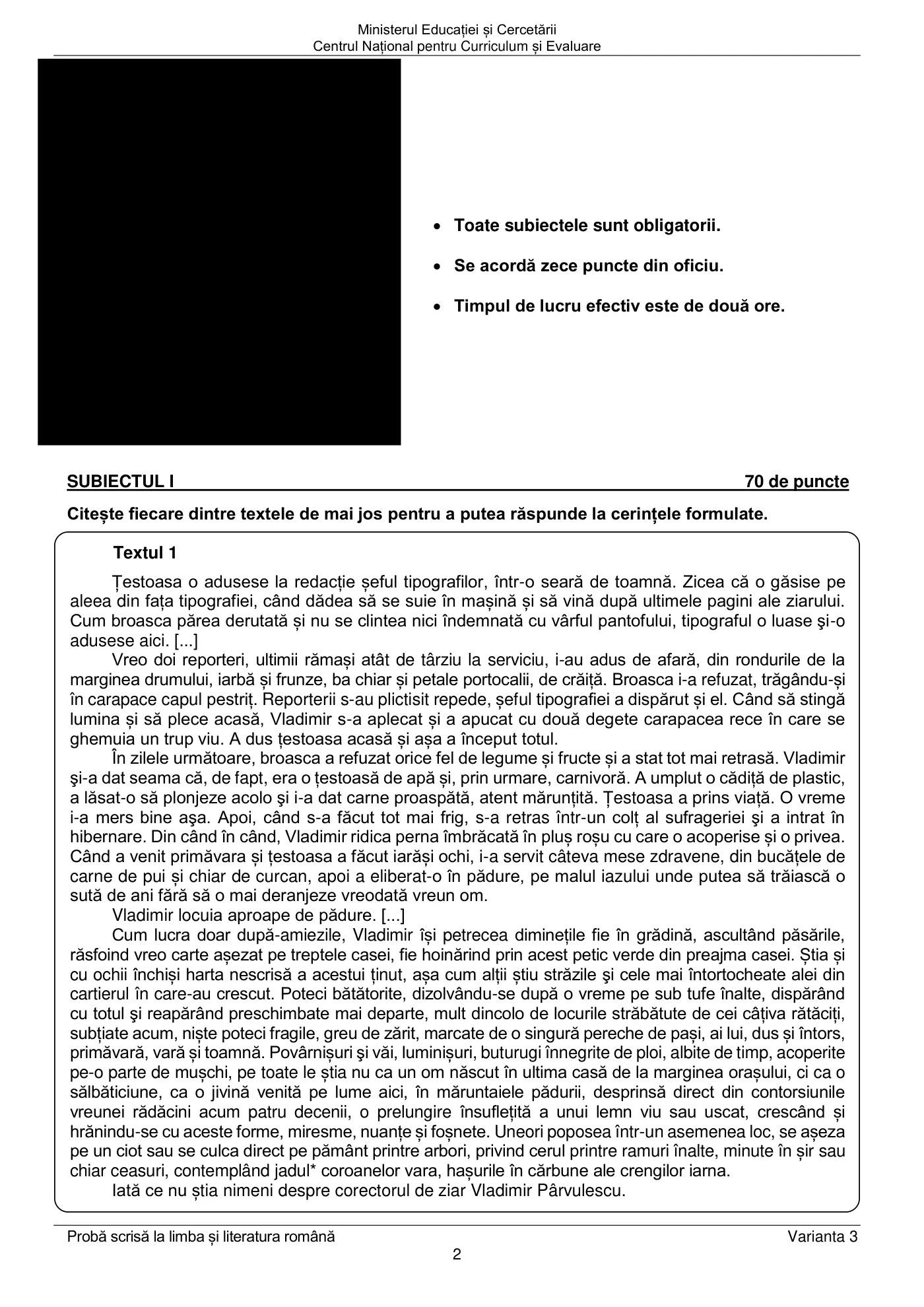 Pagina 2 din subiectul examen oficial (sesiunea iunie), limba și literatura română, 22 iunie 2026