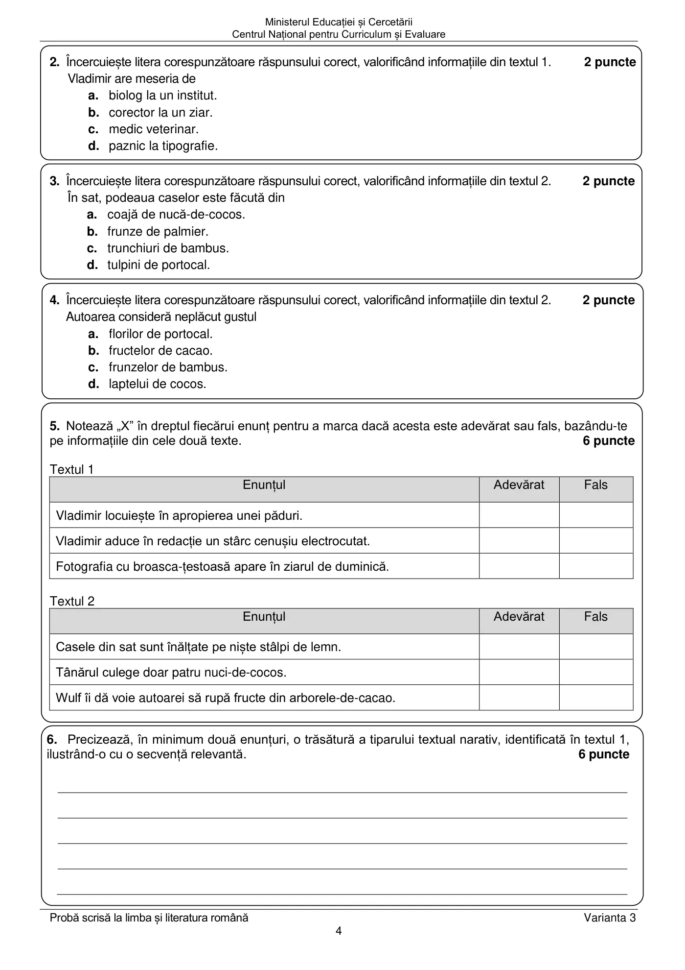 Pagina 4 din subiectul examen oficial (sesiunea iunie), limba și literatura română, 22 iunie 2026