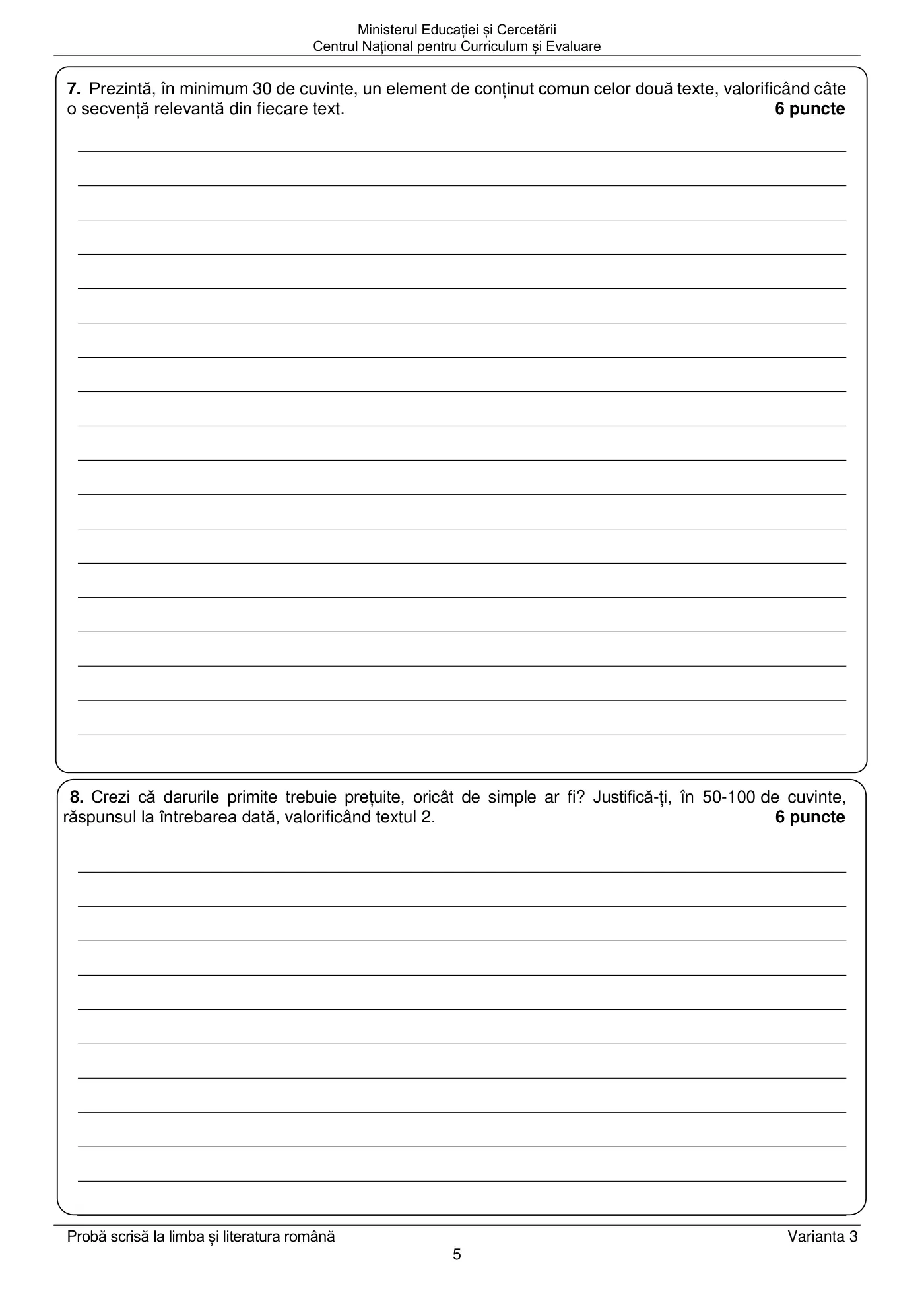 Pagina 5 din subiectul examen oficial (sesiunea iunie), limba și literatura română, 22 iunie 2026