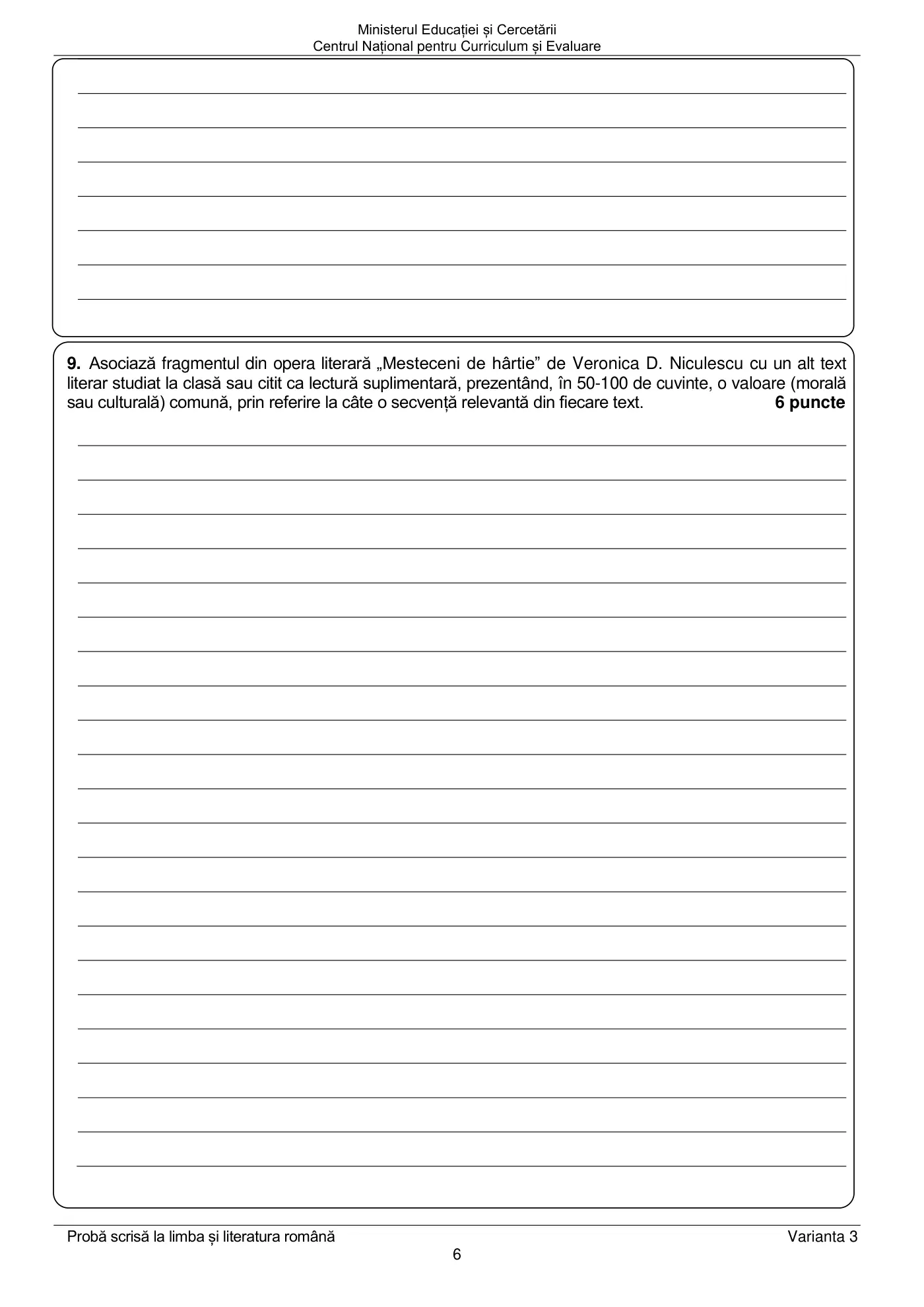 Pagina 6 din subiectul examen oficial (sesiunea iunie), limba și literatura română, 22 iunie 2026