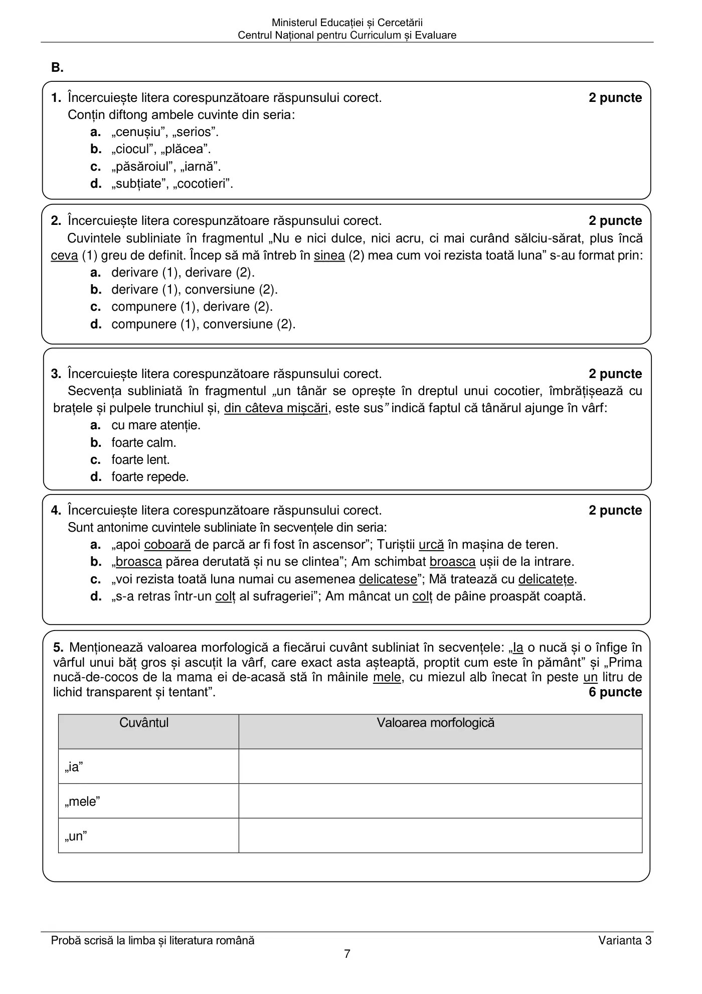 Pagina 7 din subiectul examen oficial (sesiunea iunie), limba și literatura română, 22 iunie 2026