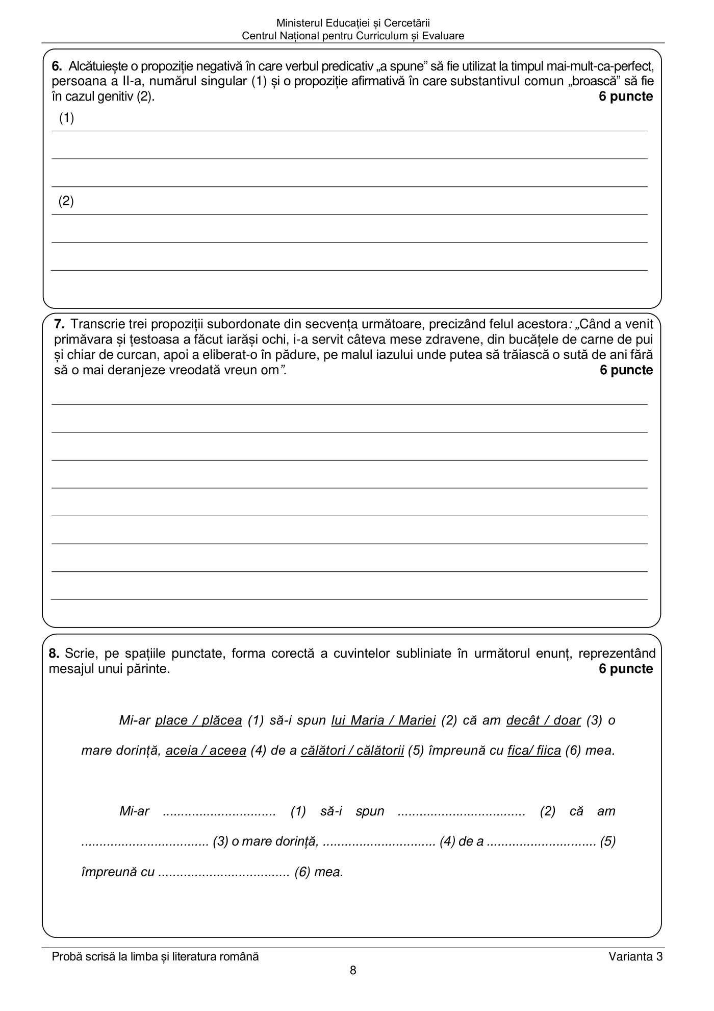 Pagina 8 din subiectul examen oficial (sesiunea iunie), limba și literatura română, 22 iunie 2026