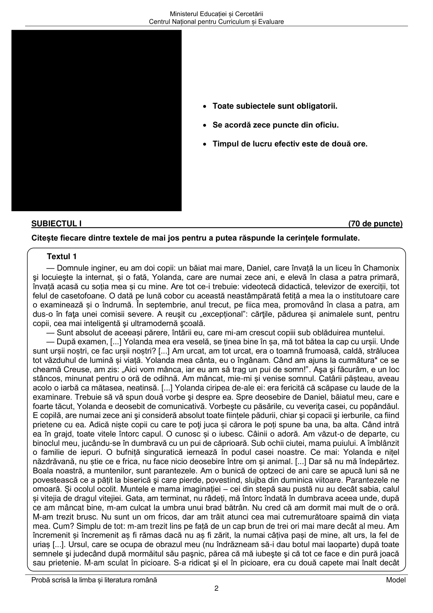 Pagina 2 din subiectul model oficial, limba și literatura română, noiembrie 2025