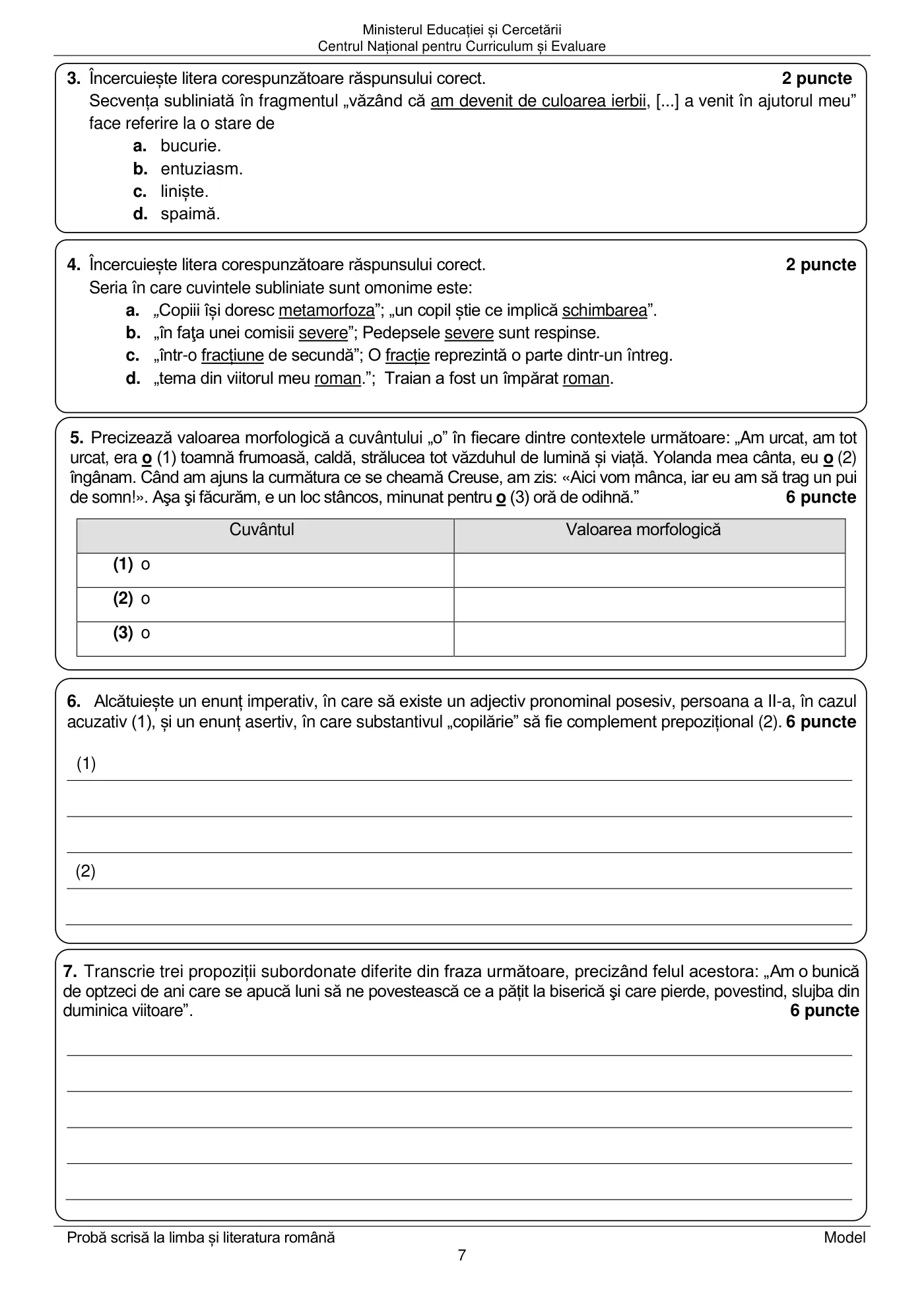 Pagina 7 din subiectul model oficial, limba și literatura română, noiembrie 2025