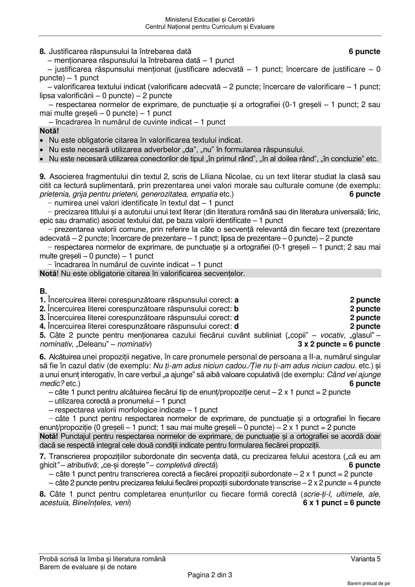 Pagina 2 din baremul pentru subiect de rezervă, limba și literatura română, 22 iunie 2026