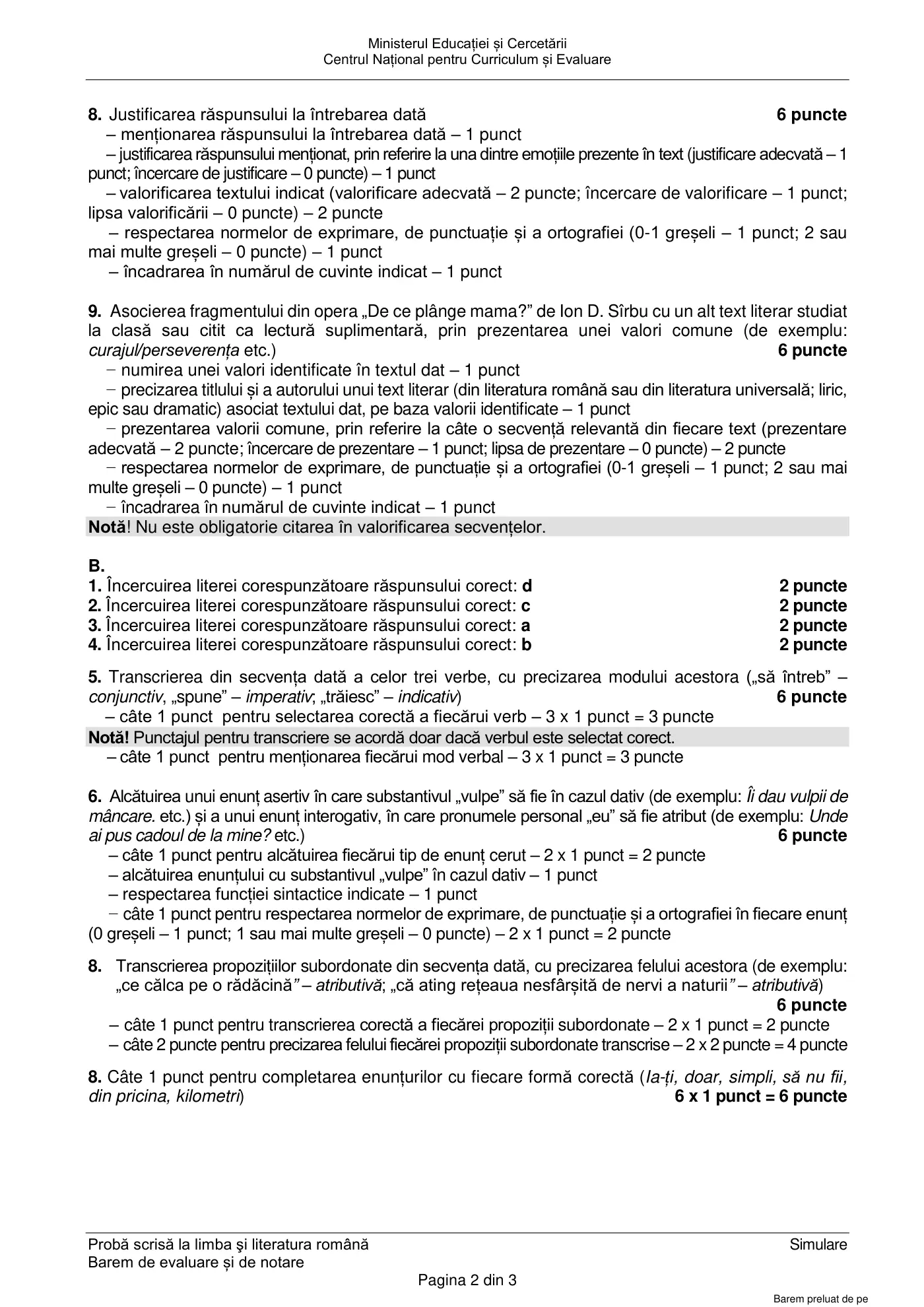 Pagina 2 din baremul pentru simulare națională, limba și literatura română, 16 martie 2026